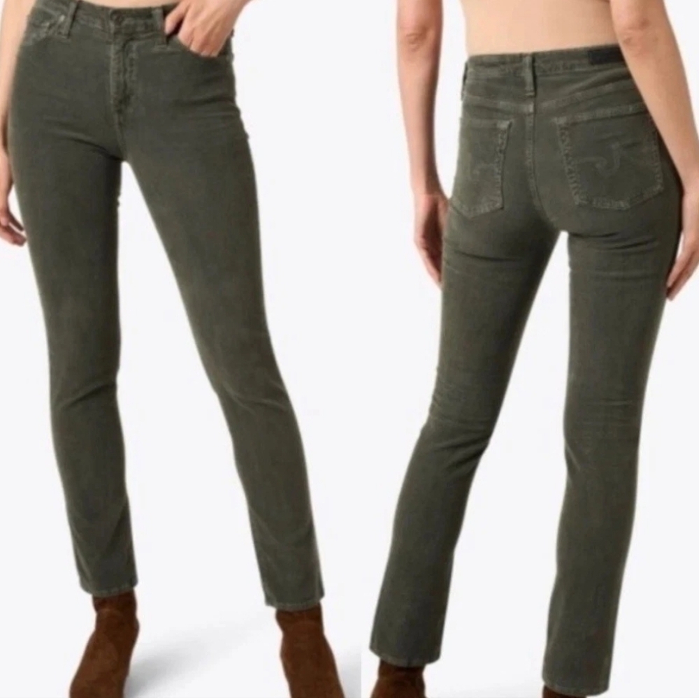 AG Adriano Goldschmied Stevie Slim Straight Dark Green Corduroy Women Pants 28R